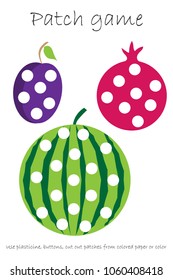 Education Patch game fruit for children to develop motor skills, use plasticine patches, buttons, colored paper or color the page, kids preschool activity, printable worksheet, vector illustration