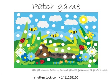 Education Patch game glade for children to develop motor skills, use plasticine patches, buttons, colored paper or color the page, kids preschool activity, printable worksheet, vector illustration