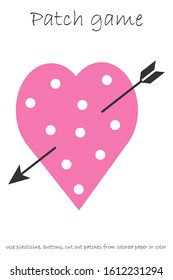 Education Patch game heart for children to develop motor skills, use plasticine patches, buttons, colored paper or color the page, kids preschool activity, printable worksheet, vector illustration