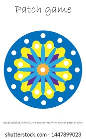 Education Patch game mandala for children to develop motor skills, use plasticine patches, buttons, colored paper or color the page, kids preschool activity, printable worksheet, vector illustration
