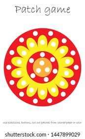 Education Patch game mandala for children to develop motor skills, use plasticine patches, buttons, colored paper or color the page, kids preschool activity, printable worksheet, vector illustration