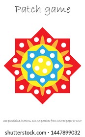 Education Patch game mandala for children to develop motor skills, use plasticine patches, buttons, colored paper or color the page, kids preschool activity, printable worksheet, vector illustration