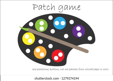 Education Patch game palette for children to develop motor skills, use plasticine patches, buttons, colored paper or color the page, kids preschool activity, printable worksheet, vector illustration