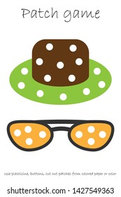 Education Patch game panama and sunglasses for children to develop motor skills, use plasticine patches, buttons, colored paper or color the page, kids preschool activity, printable worksheet, vector