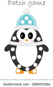 Education Patch game penguin for children to develop motor skills,  use plasticine patches, buttons, colored paper or color the page, kids preschool activity, printable worksheet, vector illustration
