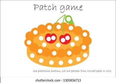 Erziehungspackspiel-Kuchen für Kinder, um motorische Fähigkeiten zu entwickeln, Plastikpflaster, Knöpfe, farbiges Papier oder Farbe der Seite, Kinder-Vorschulaktivität, druckbares Arbeitsblatt, Vektorgrafik