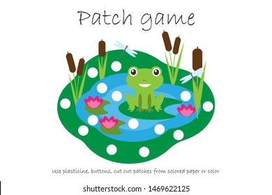 Education Patch game pond for children to develop motor skills, use plasticine patches, buttons, colored paper or color the page, kids preschool activity, printable worksheet, vector illustration