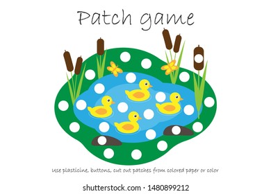 Education Patch game pond for children to develop motor skills, use plasticine patches, buttons, colored paper or color the page, kids preschool activity, printable worksheet, vector illustration