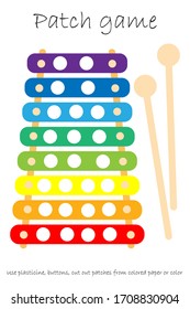 Educación Parches de juego xilófono para niños para desarrollar habilidades motoras, usar parches plasticinos, botones, papel coloreado o color de la página, actividad preescolar infantil, hoja de cálculo imprimible, ilustración vectorial