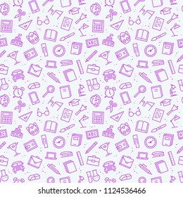 education pattern with icons pink color school supplies for decoration, promotion. School Background. Super sale banner shopping. Vector illustration 10 eps