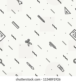 education pattern trendy minimalist style with black line school supplies such us bell, glass, ruler, pencil, pen, brush for banner, poster, party, super sale offer. vector 10 eps