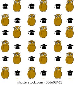 Education pattern woth owl and hat. Intelligent animal bachelor, graduation and education university. Vector illustration