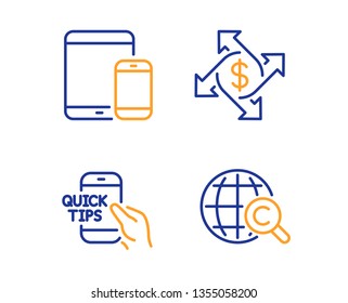 Education, Payment exchange and Mobile devices icons simple set. International Ð¡opyright sign. Quick tips, Money transfer, Smartphone with tablet. World copywriting. Education set. Vector