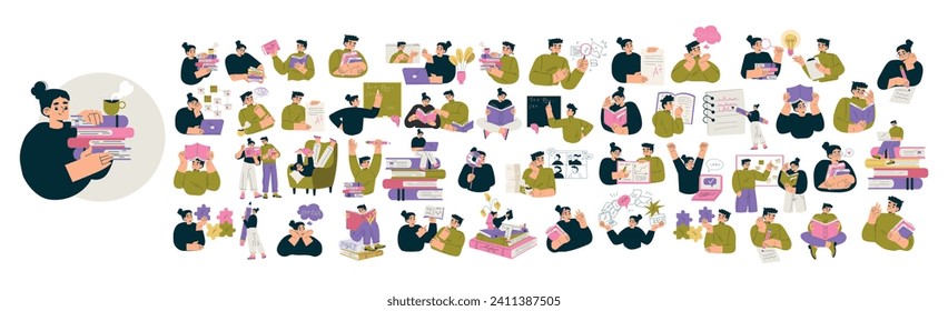 Education with People Character Learning and Study with Book Vector Set