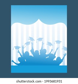education and people concept, students throwing graduation caps in the air, on a blue and white background with vertical lines.