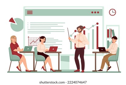 Education for people. Man with pointer leads lecture or presentation, shows graphs and diagrams. Marketing research and work with statistics, information analysis. Cartoon flat vector illustration