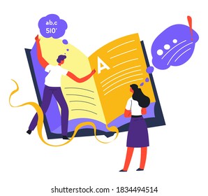 Education and personal development, characters studying info from book. Man and woman obtaining knowledge and skills, classmates in university, college or high school, teenagers vector in flat style