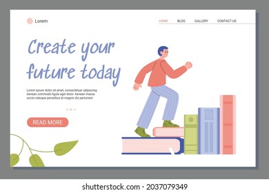 Bildung und persönliche Entwicklung Web-Banner-Vorlage mit Mann Klettern Stapel von Büchern, Cartoon Vektorgrafik flach. Persönliches Wachstum und Erfolge.