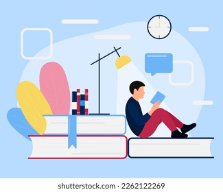 Education and personal growth concept. Self development concept. Goal achieving. Man with book. Library. World Book day. Flat vector modern illustration. 