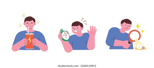 Education and Personal growth illustration. Student drinking energy drink, looking at alarm clock and looking for ideas.