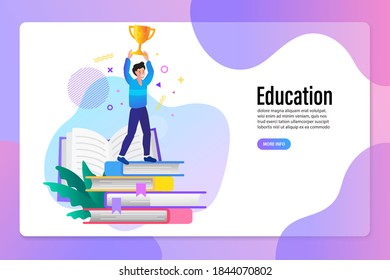 Education Pile of books and golden trophy for future success winner. Vector illustration for mobile and web graphics. Online course education lectures.
