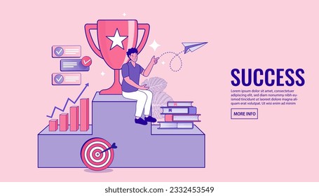 Education Pile of books and golden trophy for future success winner. Vector illustration for mobile and web graphics. Online course education lectures.