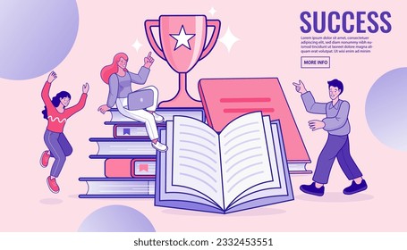 La educación Pile de libros y trofeo de oro para el futuro ganador. Ilustración vectorial para gráficos móviles y web. Clases de educación en línea.