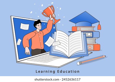 Education Pile of books and golden trophy for future success winner. Online course education lectures. E-learning. Distance learning, recorded classes. remote university graduation. Vector