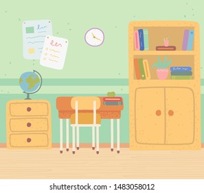 Education place, geography classroom, globe and books. Knowledge symbol, furniture in class, back to school, lessons element, nobody indoor, planet vector. Back to school concept. Flat cartoon