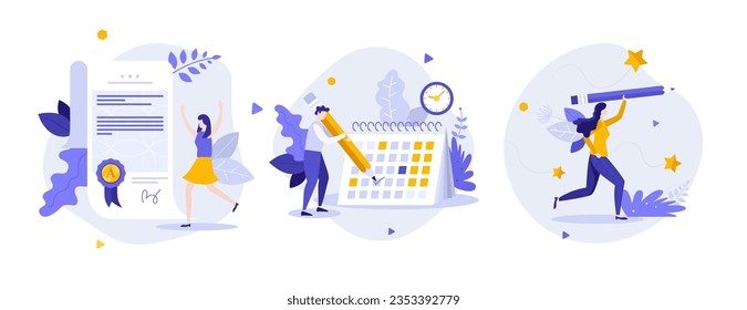 Education plan concept flat vector illustrations set. Student schedule of lessons. Learning goals achievement cartoon composition for web design. Creative idea for website, mobile, presentation