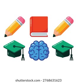 Education planning icons with notebook pencil, graduation cap and brain, study schedule graphics for school learning resources and tutoring