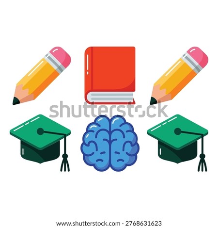 Education planning icons with notebook pencil, graduation cap and brain, study schedule graphics for school learning resources and tutoring