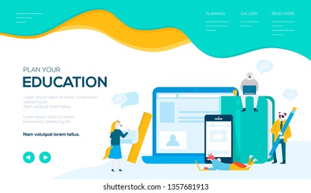 Education planning vector landing page template. Time management, teamworking, coworking flat illustration. Digital marketing, SMM, SEO. Freelance, remote work web banner design. Exam preparation