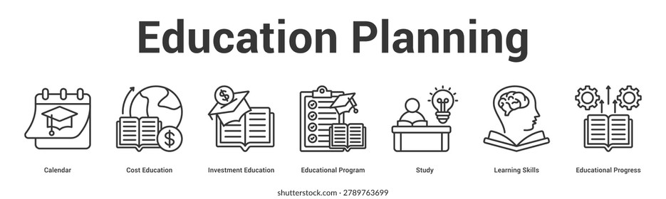 Education Planning web banner icon set vector illustration concept for business with icon of Calendar, Cost Education, Investment Education, Educational Program, Study, Learning Skil.