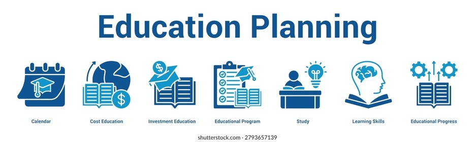 Education Planning web banner icon set vector illustration concept for business with icon of Calendar, Cost Education, Investment Education, Educational Program, Study, Learning Skil.
