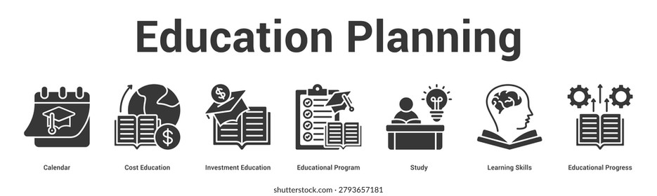 Education Planning web banner icon set vector illustration concept for business with icon of Calendar, Cost Education, Investment Education, Educational Program, Study, Learning Skil.