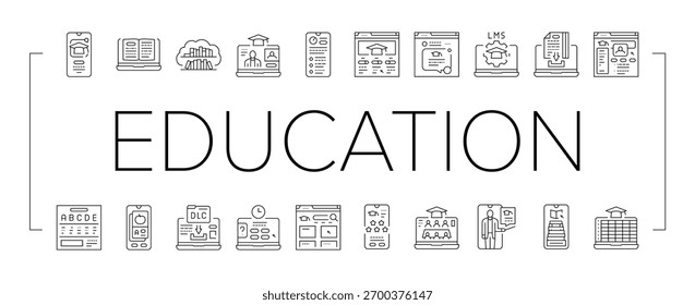 Vector de conjunto de iconos de edtech plataforma educativa. eLearning, en línea, aprendizaje de la educación, virtual, curso, capacitación, plataforma de educación de tecnología digital eTech ilustraciones de contorno negro