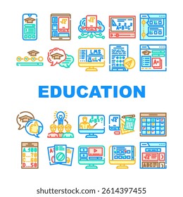education platform elearning icons set vector. webinars, edtech virtual, courses, platforms certification, degrees, tutoring education platform elearning color line illustrations