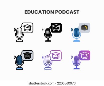 Education Podcast icon set with line, outline, glyph, filled line, flat color, line gradient and flat gradient. Can be used for digital product, presentation, print design and more.