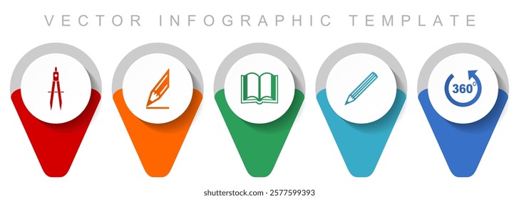 Education pointer collection, miscellaneous icons such as calippers, pencil, book and 360 degree, flat design vector infographic template in eps 10