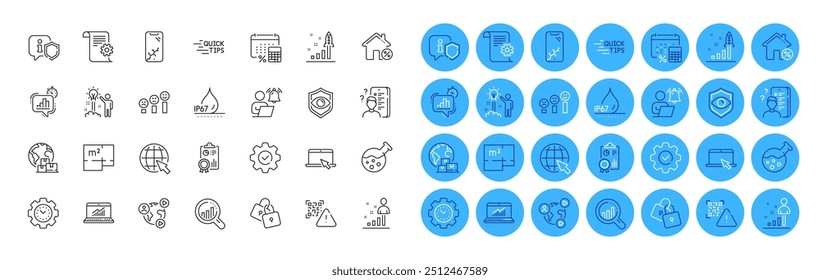 Education, Portable computer and Internet line icons pack. International delivery, Shield, Time management web icon. Waterproof, Annual tax, Seo analysis pictogram. Chemistry lab. Vector