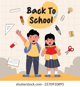 education poster flat illustration of two children ready to go to school