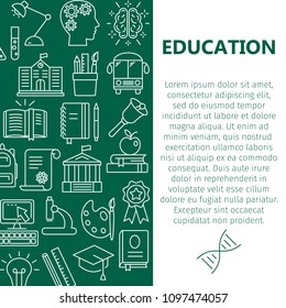 Education poster with line icons of different school university symbols vector illustration. Fat style for web and graphic design. Place for text. Isolated on green background