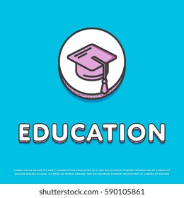 Education poster. University or high school online education poster with academy hat design. Academic degree achievement. E-learning and distance graduate. 
