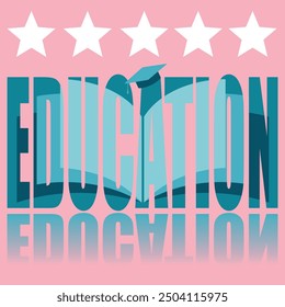 Bildungsplakat. Vektorposter zu einem sozialen Thema. Word Education auf rosafarbenem Hintergrund mit Reflexion.