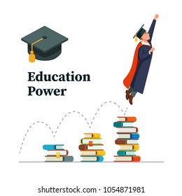 Education power concept. Graduated student in role of super hero man jumping up, taking off from books stacks full of knowledge. Flat style vector illustration isolated on white background