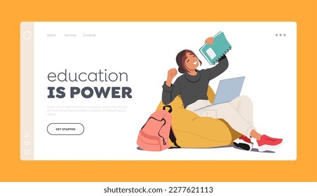 Education is Power Landing Page Template. Tired Student Girl Character Sitting With Her Laptop And Books, Caught Mid-yawn. E-learning, Preparation to Exam. Cartoon People Vector Illustration