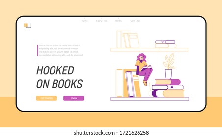 Education, Preparation to Exams and Reading Hobby Landing Page Template. Tiny Male Character Hanging on Rope above Bookshelf with Huge Books. Man Student in Library. Linear Vector Illustration