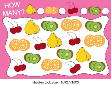 Education for preschool children. Educational game how many objects of fruits. Vector illustration.