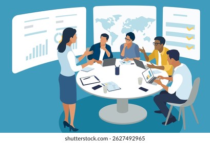 Education, presentation, meeting. The business team listens to the teacher, female leader.  Vector illustration.
